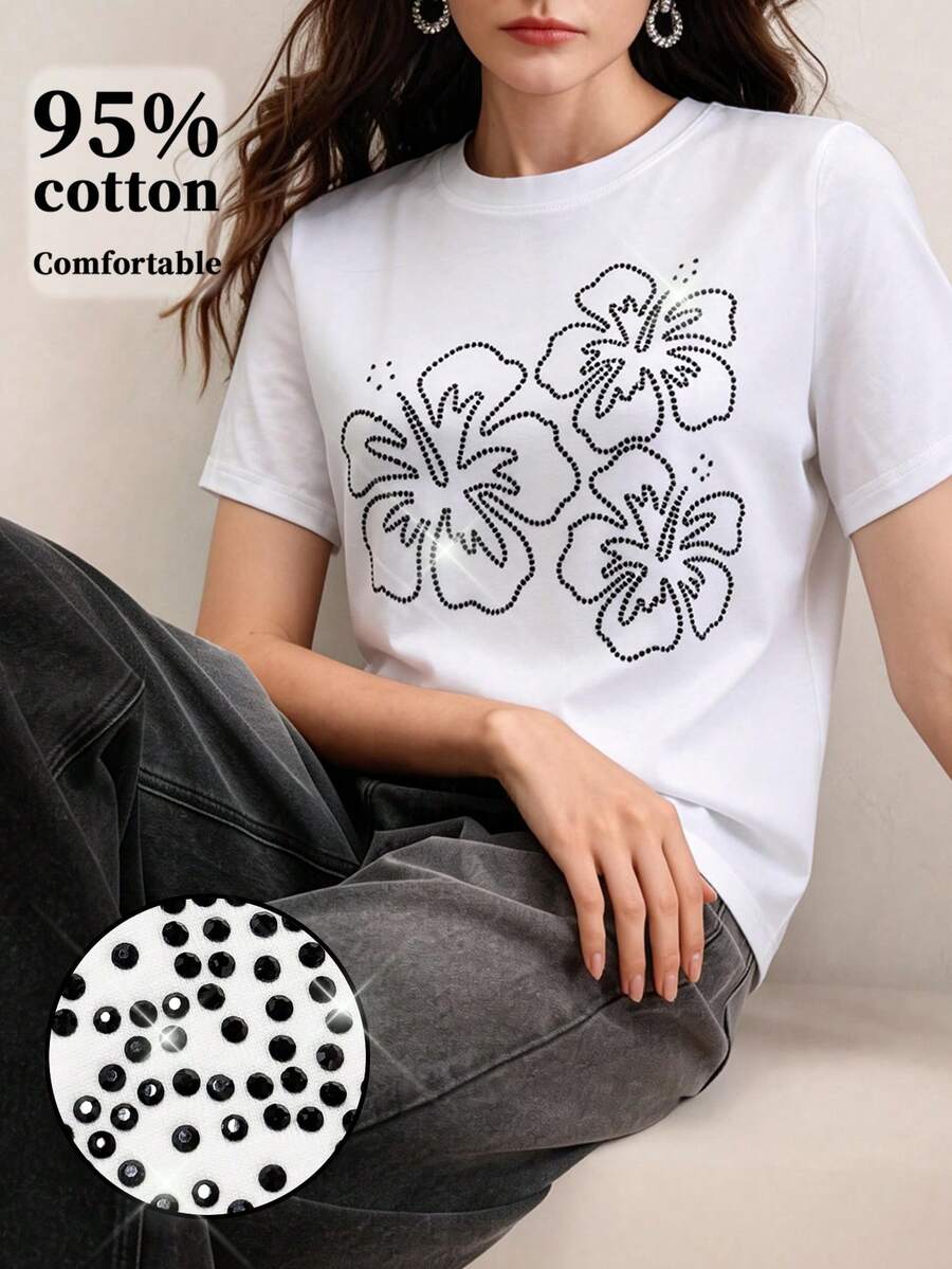 Anewsta Áo thun nữ tay ngắn cổ tròn in họa tiết hoa, kiểu dáng thường ngày, đa năng. - trắng - Xem 1