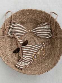 Swim Vcay 2026 Spring/Summer Adjustable Strap Crochet Fabric Pearlescent Accent Bikini Set, Backless Side High Cut Two Pieces Swimsuit For Women - Brown - View 1