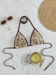 Swim Mod 新款女士波西米亚风 Y2K 复古纹理沙滩度假风三角比基尼上衣 - 挂脖系带，颈部和腰部系带可调节，棕色撞色包边 - 浅褐色底布上饰有白色漩涡刺绣的镂空钩针编织 - 透气轻盈面料 - 适合夏季度假和泳池派对的沙滩装，易于搭配牛仔裤，日常休闲穿着，纹理感十足的夏季沙滩套装 - 棕色 - 查看 3