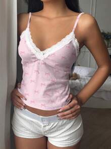 CovetEZ 女士蕾丝吊带背心，带蝴蝶结设计，适合春夏季 - 粉色 - 查看 4