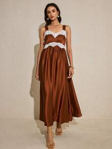 Poéselle Women's Long Floral Trim Satin Dress - Brown - View 6