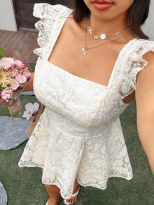 Sunnyshic 大码女士优雅纯色提花方领泡泡袖收腰A字休闲日常连衣裙 - 杏色 - 查看 4