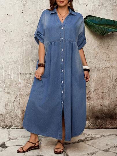 EMERY ROSE Plus Size Women Fashion Casual Single-Breasted Denim Dress,Summer Outfit For Women,Festival Outfits For Women ,Party,Wedding,Elegant,Casual,Vacation,Business,Summer Women Romantic/Prom/Formal/Birthday/90s /Business Casual Woman/Elegant/Western Wear/Going Out/Fashion/Casual/Y2k /Club/Office /Cocktail/Vintage/Bodycon/Rave Festival/Funny/Classy/Old Money/Streetwear/Vacation /Country Concert /Work /Modest/Spring Break/Bachelorette /Concert/Baddie/Basic/Graduation,2026 Summer New Collared Denim Dress, V Neck Button Down Loose Side Slit Maxi Dress For Women 🇺🇸,Retro Washed Denim Dress, Collared V Neck Roll Up Sleeve Casual Vacation Maxi Dress,New Collared Denim Maxi Dress, V Neck Button Down Loose Side Slit Vacation Dress ,Elegant Light Wash Denim Dress, Summer Collared Design Loose Side Slit Long Maxi Dress