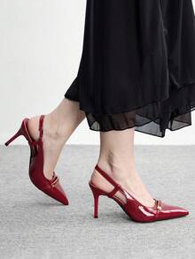 CUCCOO BIZCHIC Women Shoes Spring/Summer Metal Buckle Decorative Pointed Thick Heel Elegant Wind Patent Leather Burgundy Sandals Commuter Dinner Spring Shoes - Burgundy - View 5