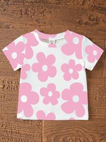 SHEIN Vintaside Kids 一套女婴休闲可爱碎花印花短袖圆领T恤和短裤套装，适合春夏季外出和度假。 - 彩色 - 查看 6