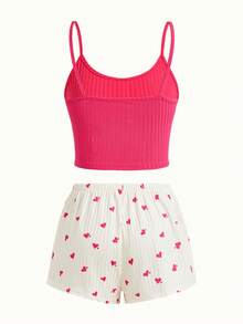 Heart Print Button Front Cami Top & Tie Front Shorts PJ Set / Pajama Set - Hot Pink - View 2