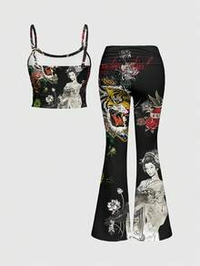 ROMWE Avant Music Festival New Chinese Style Dark Punk Tiger Head Geisha Slogan Chrysanthemum Plant Calligraphy Rose Sexy Camisole And Low Waist Flared Pants 2 Pieces Set For Women - Black - View 2