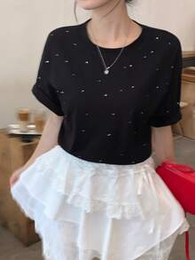 DAZY Women's Rhinestone Embellished Round Neck Short Sleeve Comfortable Cotton T-Shirt Summer School - Black - View 4