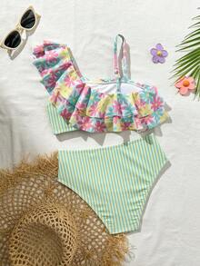 SHEIN Tween Girls Yellow Striped Print Bikini Set, 2-Piece Swimsuit With Layered Ruffle Top, Fashionable Casual Elegant Suitable For Swimming, Vacation, Summer - Multicolor - View 2