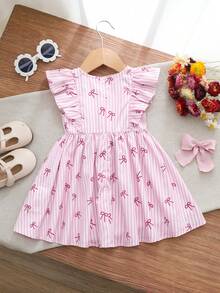 Cozy Pixies Baby Girl Colorblock Bow Decor Round Neck Sleeveless Cinched Waist Dress, Versatile & Comfortable - Blue - View 2