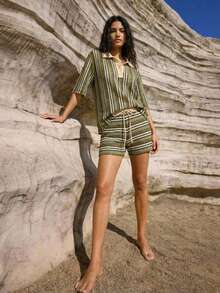 Maija Women's Striped Short Sleeve Polo Neck Cover Up - Army Green - View 2