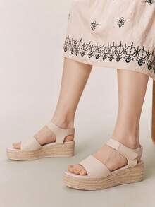 Styleloop 女士厚底坡跟凉鞋，时尚纯色编织休闲厚底坡跟凉鞋，波西米亚复古帆布踝带坡跟凉鞋，西部风格，音乐节派对装扮，度假穿搭，旅行必备 - 杏色4 - 查看 6