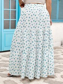 SHEIN CURVE+ 女士休闲度假印花松紧腰荷叶边下摆半身裙 - 藍白色 - 查看 2