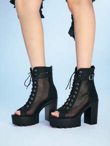 Sugerpunk 女士高跟凉鞋 暗黑摇滚朋克哥特风 夏季露趾绑带豹纹水钻性感礼服鞋 高帮网眼拼接通勤工作鞋 - 黑色 - 查看 5