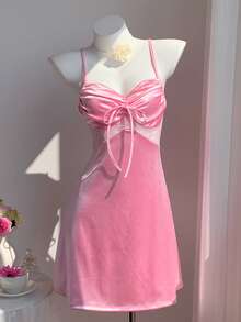 Comfortcana 2026 Spring/Summer New Women's Pink Satin Fabric Splicing Lace Strap Dress,Winter,Easter,Party ,Beach,Wedding,Graduation,Elegant,Casual,Vacation,Sports, Formal,Y2k,Business,Sequin,Fringe,Ruffle,Flower,Graphic, Promdress Satin Dress For Wedding Prom Dress Silk Birthday Dresses For Ladies Special Occasion Prom Night Gown,Pink Dress - Pink - View 1