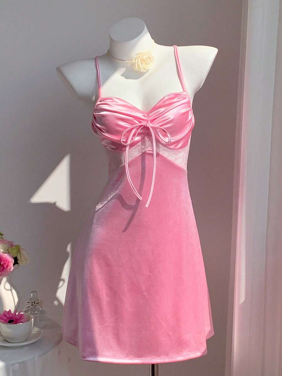 Comfortcana 2026 Spring/Summer New Women's Pink Satin Fabric Splicing Lace Strap Dress,Winter,Easter,Party ,Beach,Wedding,Graduation,Elegant,Casual,Vacation,Sports, Formal,Y2k,Business,Sequin,Fringe,Ruffle,Flower,Graphic, Promdress Satin Dress For Wedding Prom Dress Silk Birthday Dresses For Ladies Special Occasion Prom Night Gown,Pink Dress - Pink - View 1