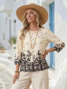 EMERY ROSE Women's Round Neck Raglan Long Sleeve Vintage Casual 3/4 Sleeve Shirt - Khaki - View 5
