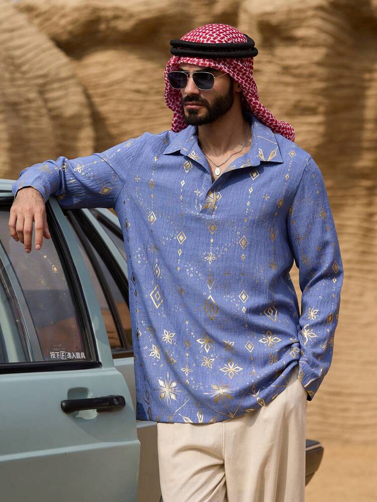 Spring Long Blue Shirt With Gold Foil Design, Middle Eastern Style For Men Summer Long Sleeve Tops Women
