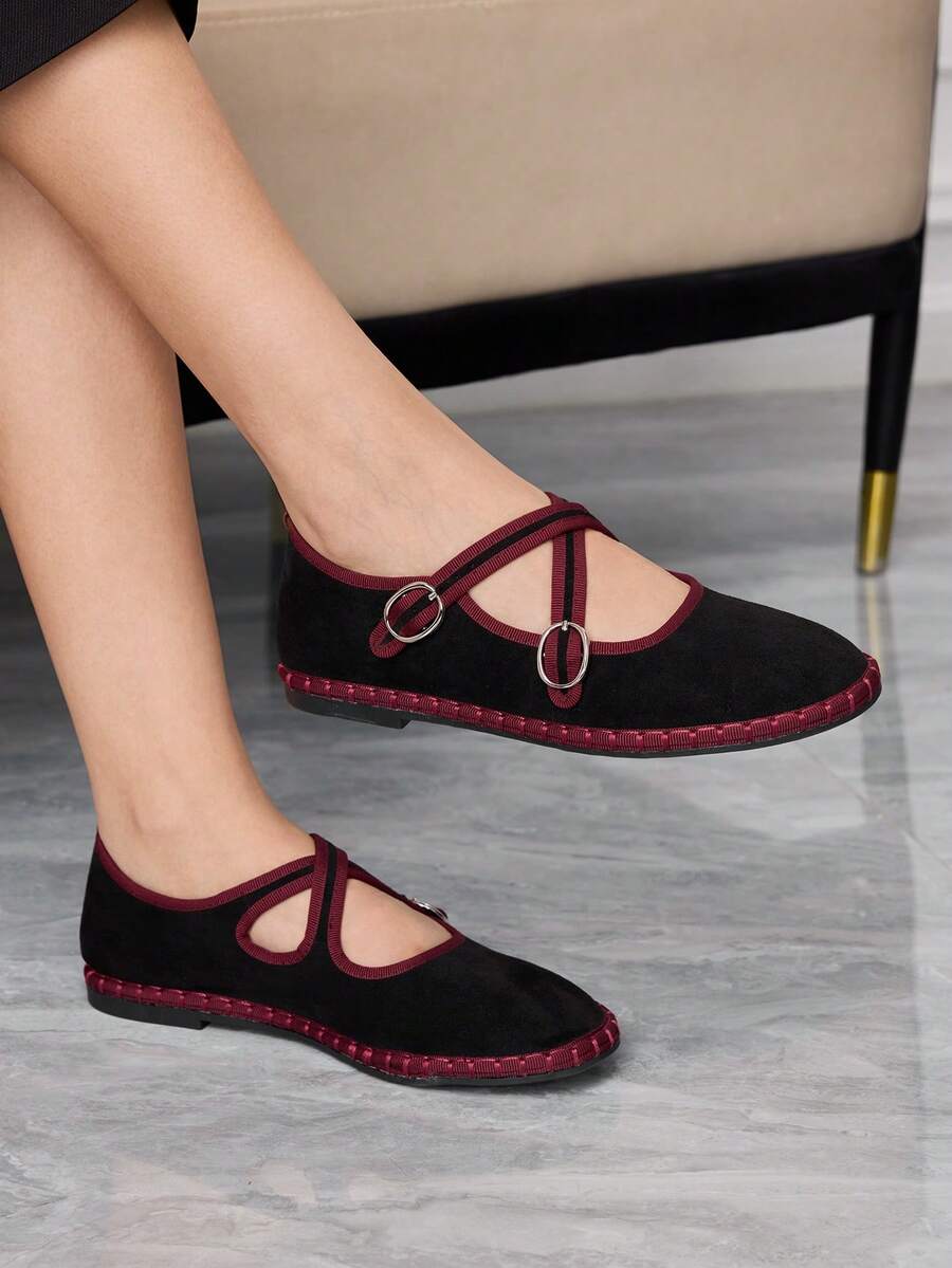 Sleekvia Sapatos mocassim femininos franceses retrô, simples, elegantes, de bico redondo, versáteis, confortáveis e sem salto. - Preto - Ver 1