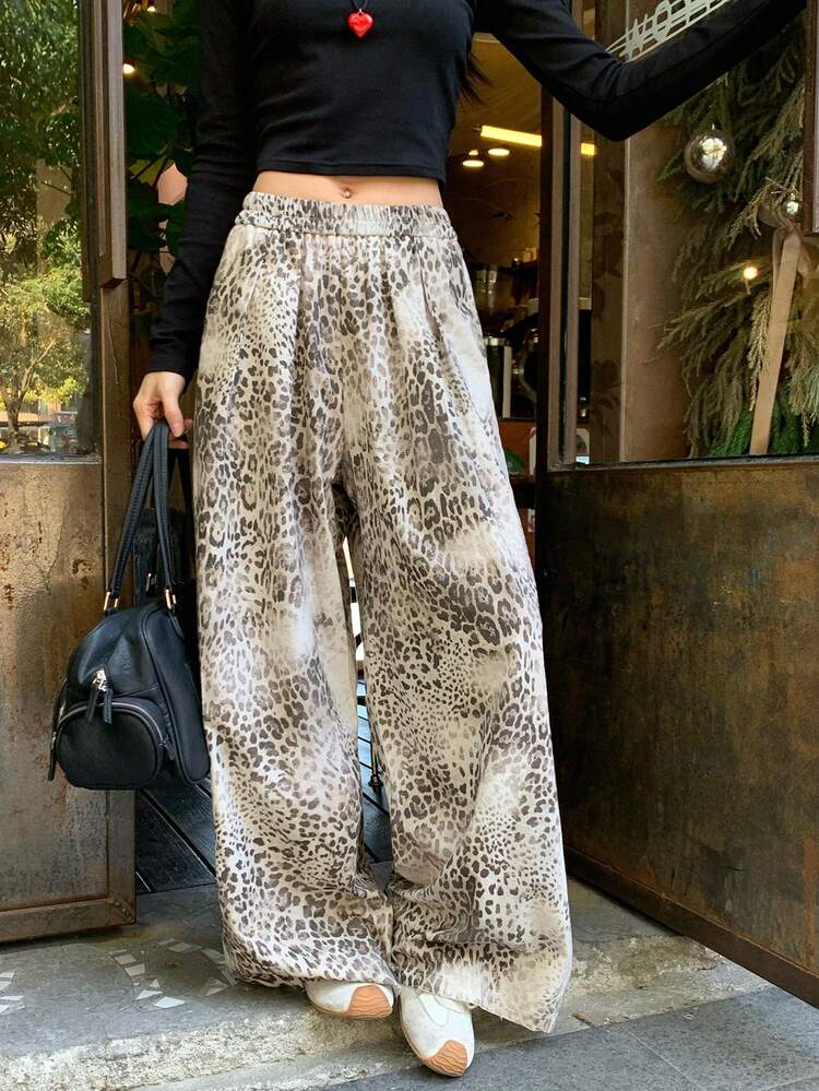 Women's Leopard Print Elastic Waist Loose Wide Leg Casual Pants