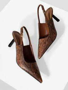 Mnmlis Women Shoes Spring Summer Snake Pattern Metal Buckle Pointed Heel Retro Faux Leather Brown Sandals Commuter Dating - Brown - View 5