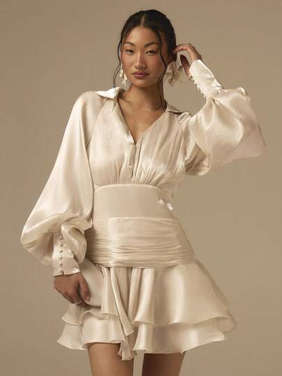 COSMINA Women's Apricot Ruffle Lantern Sleeve Shirt Dress Mini Skirt, Casual Elegant Suitable For Wedding, Party, Banquet, Mini Chiffon Satin Dress, Solid Color Mini Dress, Wedding Party Dress