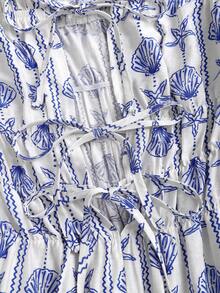 Sweetra 休闲简约通勤百搭法式优雅蓝色印花度假风束腰修身直筒时尚街头风女式连体裤 - 藍色 - 查看 3