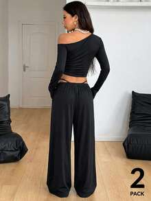 Coolane Women's Daily Wear Essentials Knit Stretchy Comfy Asymmetrical Neck Long Sleeve Tops And Wide Leg Sweatpants Tracksuit Two Pieces Outfits 2 Pc Women Outfits Casual 2 Piece Set Pants Set Two Piece 2 Piece Outfit Woman 2 Piece Outfits - Black - View 2