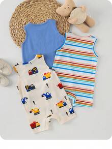Bộ 3 món áo liền quần dệt kim họa tiết hoạt hình và sọc dễ thương cho bé sơ sinh trai/gái, mùa hè. - Nhiều màu - Xem 2