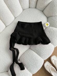 Elamini Women's Red Skirt, Fashion Summer Beach Outfit, Low Waist Hollow Out Ruffled Hem Mini Skirt, Versatile Sweet Vacation Style - Black - View 1