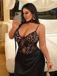 NU&NOW Damen Große Größen sexy Spitze Patchwork Leopardenmuster Schnürung fließender Dekor Bodysuit, taillenschmeichelndes Design mit elegantem Touch, geeignet für Nachtclubs - Verschiedenfarbig - Übersicht 5