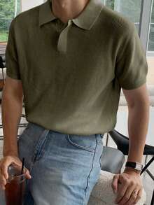 Men's Half-Zip Solid Military Green Knit Sweater, Summer - Army Green - View 4
