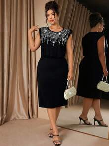 Cravure Robe en tricot grande taille avec broderie perlée dorée, élégante pour cocktail, thé de l'après-midi, déplacement, robe fourreau sophistiquée et gracieuse avec broderie perlée 3D sans manches, robe mi-longue noire grande taille - Noir - Voir 5