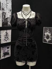 EgrlEra 女士性感紧身迷你连衣裙，系带腰身设计，植绒面料 - 黑色 - 查看 9