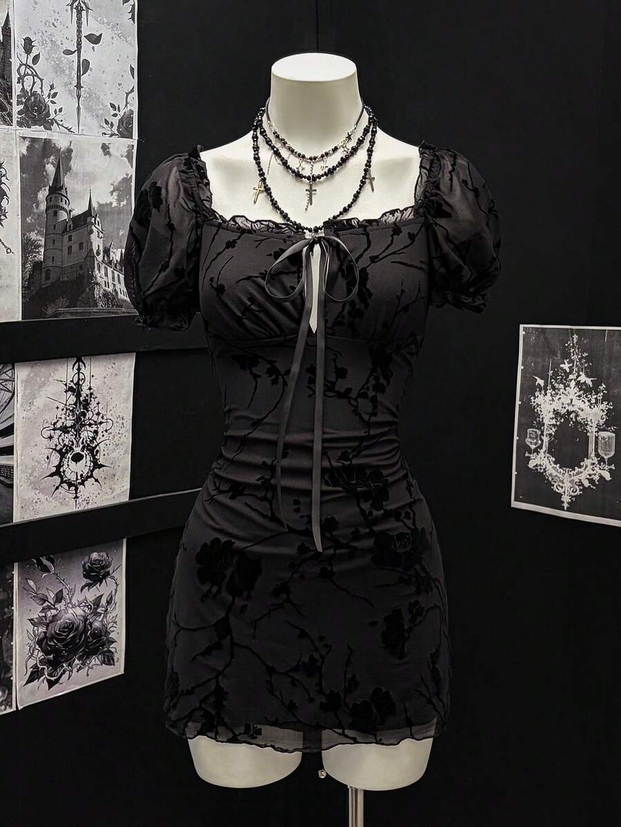 EgrlEra 女士性感紧身迷你连衣裙，系带腰身设计，植绒面料 - 黑色 - 查看 1