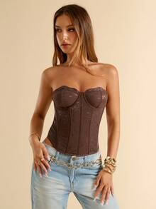 SHEIN BAE Áo bralette ren co giãn màu nâu dành cho nữ, trang phục thanh lịch cho kỳ nghỉ biển, áo corset ôm sát, thích hợp cho các buổi hòa nhạc, lễ hội âm nhạc, hộp đêm, trang phục gợi cảm. - màu nâu - Xem 3