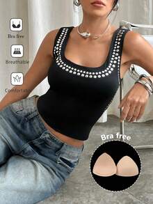 Siren Gaze Áo lót hai dây đính đinh tán, áo tank top nữ kiểu vintage - màu đen - Xem 4