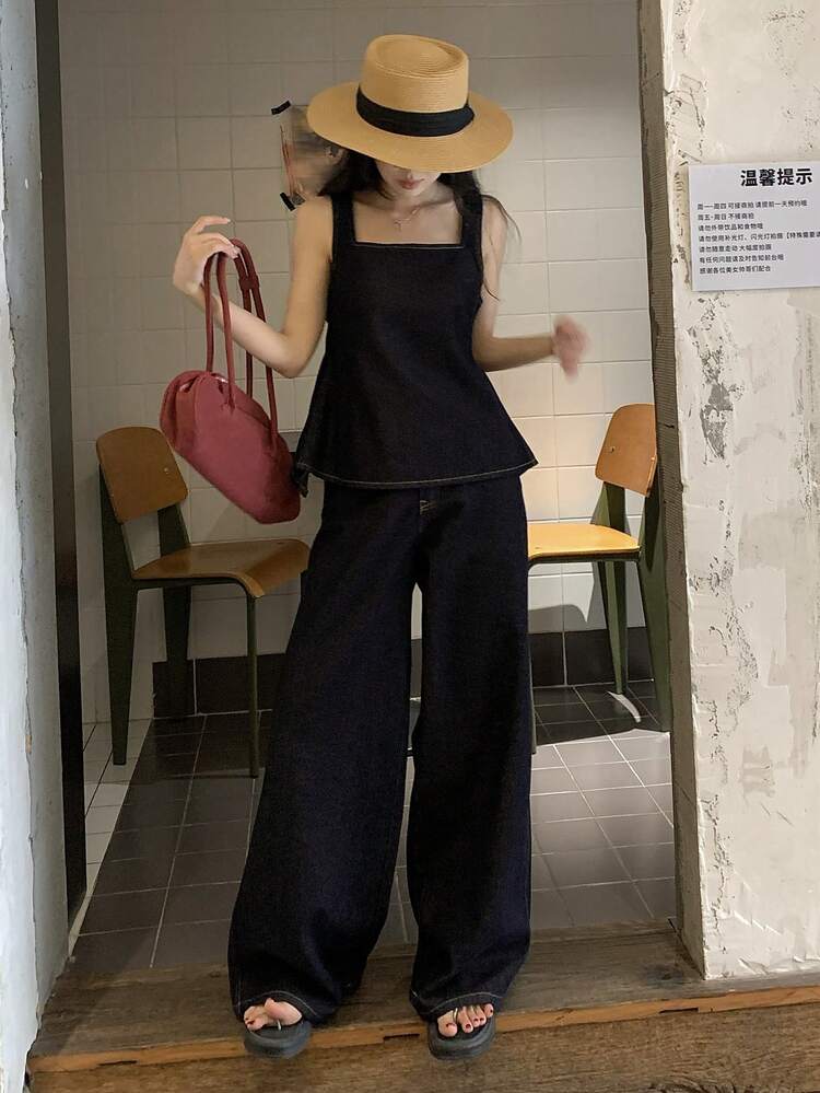 Women's Casual Sleeveless Shirt And Loose Fit Jeans Set, Retro Style