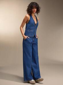 SHEIN Summer Casual Front Button Backless Halter Top And Denim Pants Set - Dark Wash - View 6