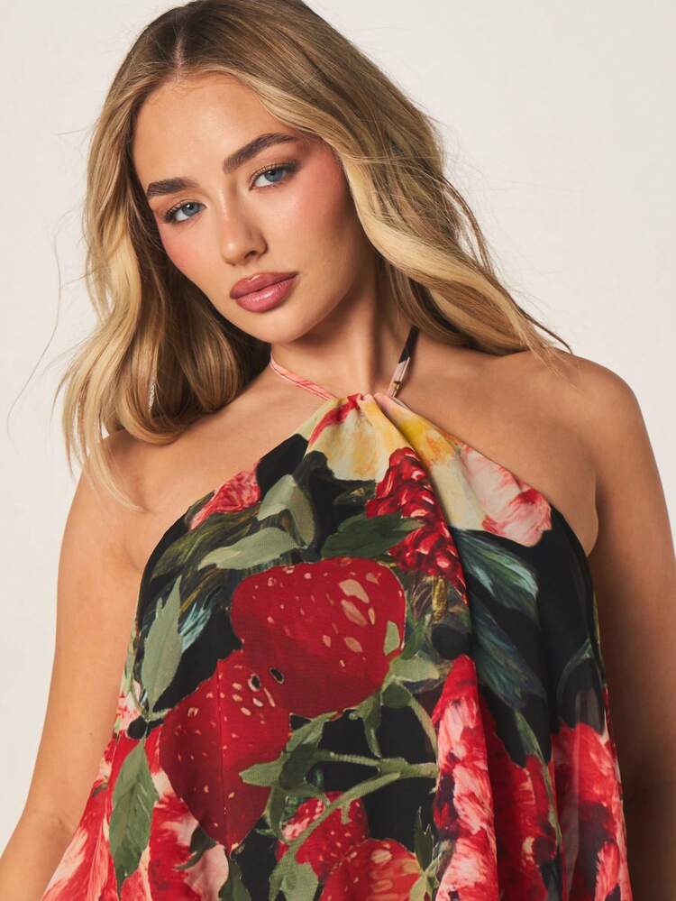 MISSGUIDED Tropical Floral Print Halter Neck Sleeveless Ruffle Tiered Chiffon Mini Dress Summer Beach Party Vacation Resort Wear