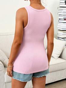 SHEIN 孕妇纯色罗纹休闲哺乳背心 - 粉色 - 查看 2