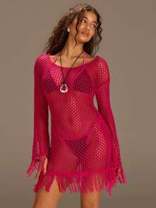 Athîral 女士镂空针织流苏下摆度假沙滩裙 - 粉色 - 查看 2