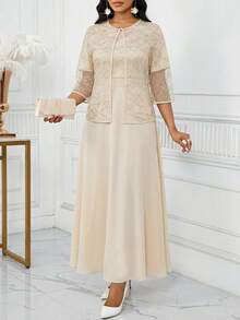 SHEIN Lady 女士亮片网纱七分袖上衣和连衣裙优雅两件套 - 藍色 - 查看 6