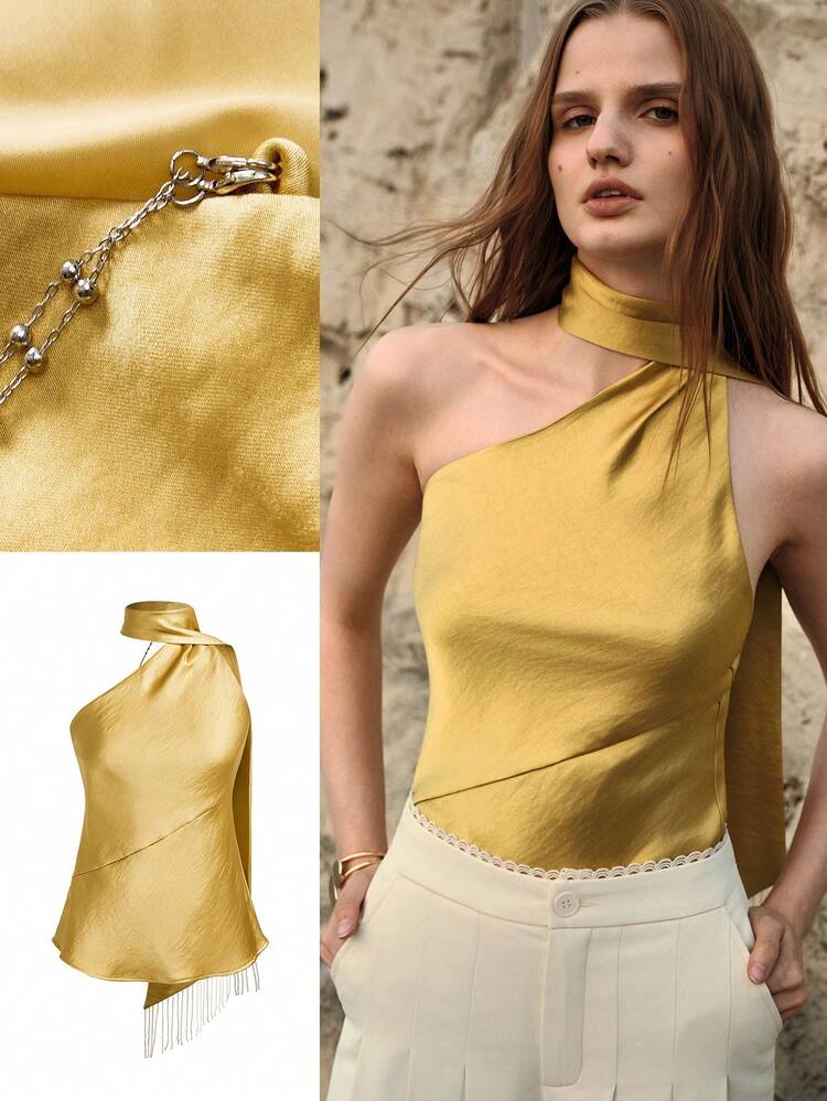 WOMEN'S SATIN RIBBON TASSEL CHAIN SHOULDER PARTY TOP