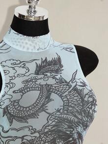 SHEIN ICON 女士龙纹紧身连体衣，性感前卫，秋冬款 - 淺藍色 - 查看 4