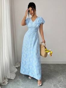 SHEIN Elenzya 女士时尚优雅V领荷叶袖收腰连衣裙 - 藍色 - 查看 4