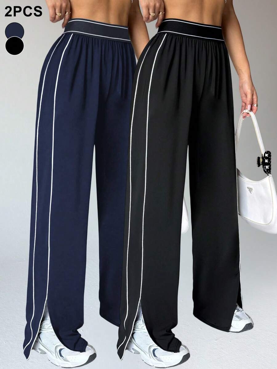 Velisys Velisys 2pcs Women's Loose Fit Sweatpants,Black & Navy Blue Elastic Waist Pockets Striped Contrast Color Straight Leg Pants For Casual Running Yoga Gym Golf
