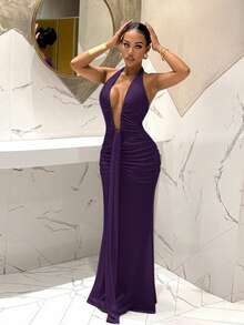 Slaydiva 2025新款优雅深V领美人鱼连衣裙，适合派对、生日、酒吧、夜店、情人节、万圣节、圣诞节等场合 - 棕色 - 紫色 - 查看 6