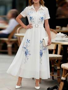 EMERY ROSE Elegant Half-Placket Shirt Dress, French Retro Blue Floral Print, Luxurious Graceful Holiday Dress For Women - Multicolor - View 6