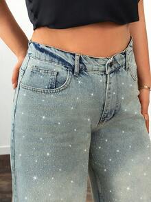 SHEIN Women Plus Size Rhinestone Embroidered Wide Leg Washed Detail Jeans - Grey - View 4